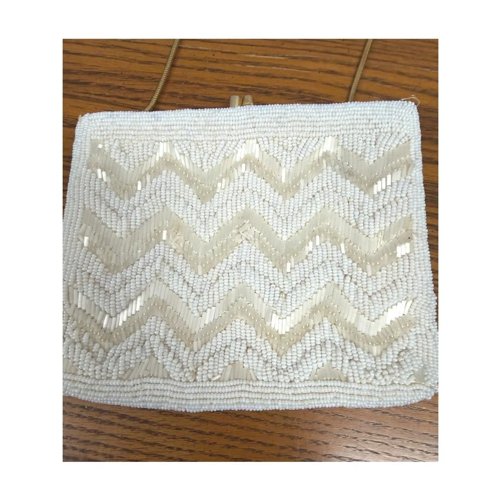 Vintage La Regale Beaded Chevron Evening Bag Cream Gold Chain Clutch Hong Kong